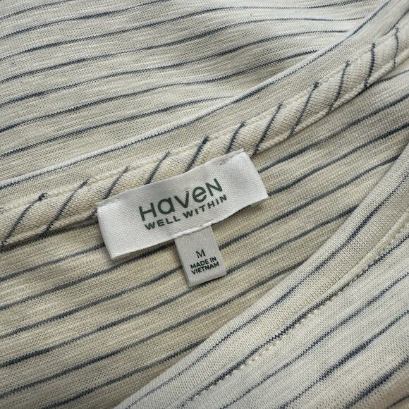 Haven Well Within Gathered Cuff Lounge Dress Cream Stripe Shift Pocket Size M - Picture 8 of 9